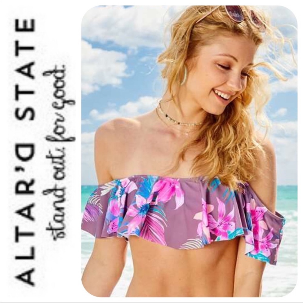 Altard state swim Grey purple bikini shade and shore bottoms medium off shoulder